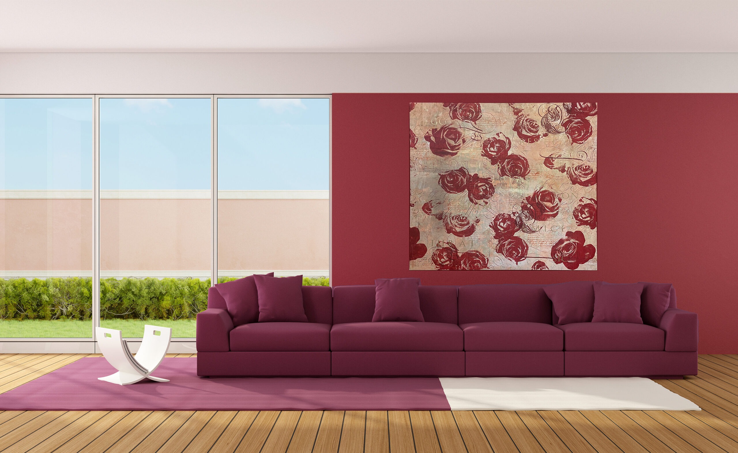 Minimalist living room with modern sofa on carpet - 3D Rendering