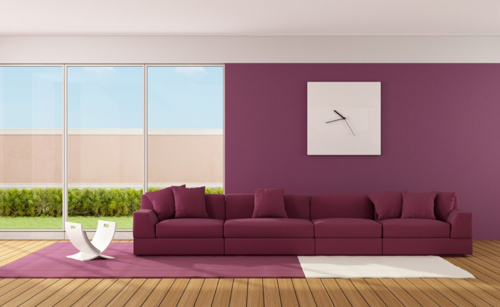 Minimalist living room with modern sofa on carpet - 3D Rendering